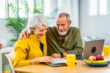 Senior man supporting his wife while doing household finances