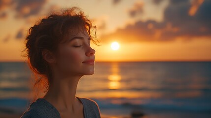 Mindfulness Meditation at Sunset Young Woman Embracing Tranquility on a Serene Beach