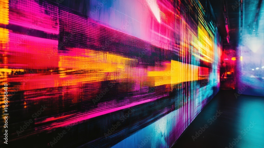 Poster abstract colorful digital art with vibrant lights and patterns creating a dynamic atmosphere.