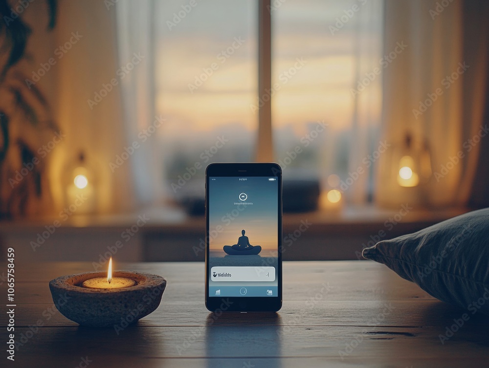 Poster mindfulness app interface on smartphone with calming evening ambiance