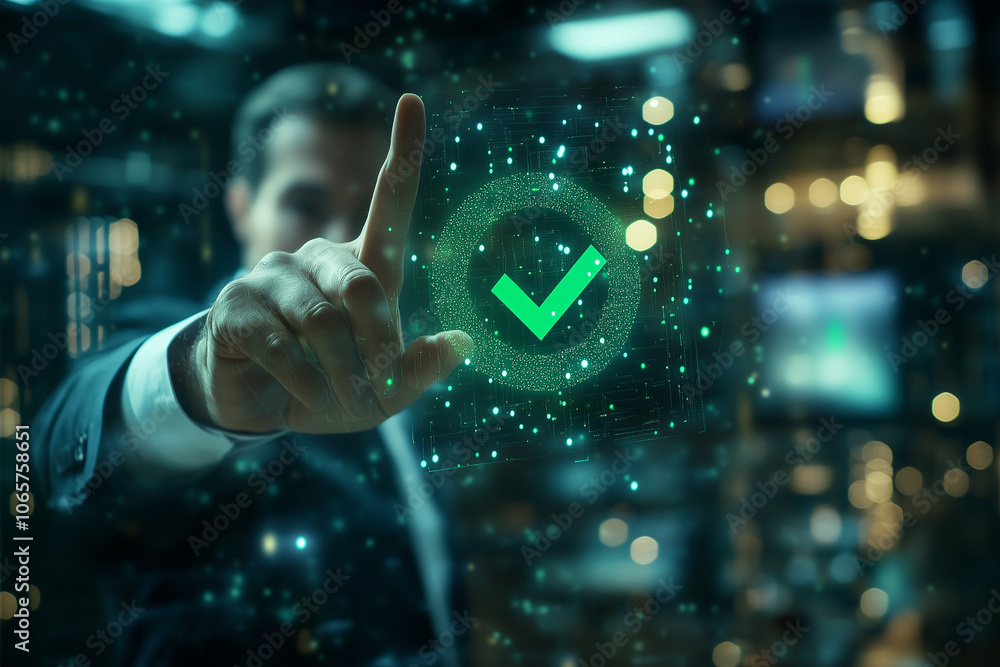 Poster hand is pointing to a green check mark on a screen. the check mark is surrounded by a circle and he 