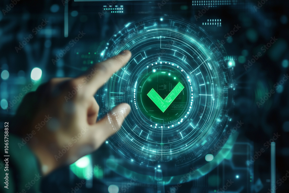Poster hand is pointing to a green check mark on a screen. the check mark is surrounded by a circle and he 