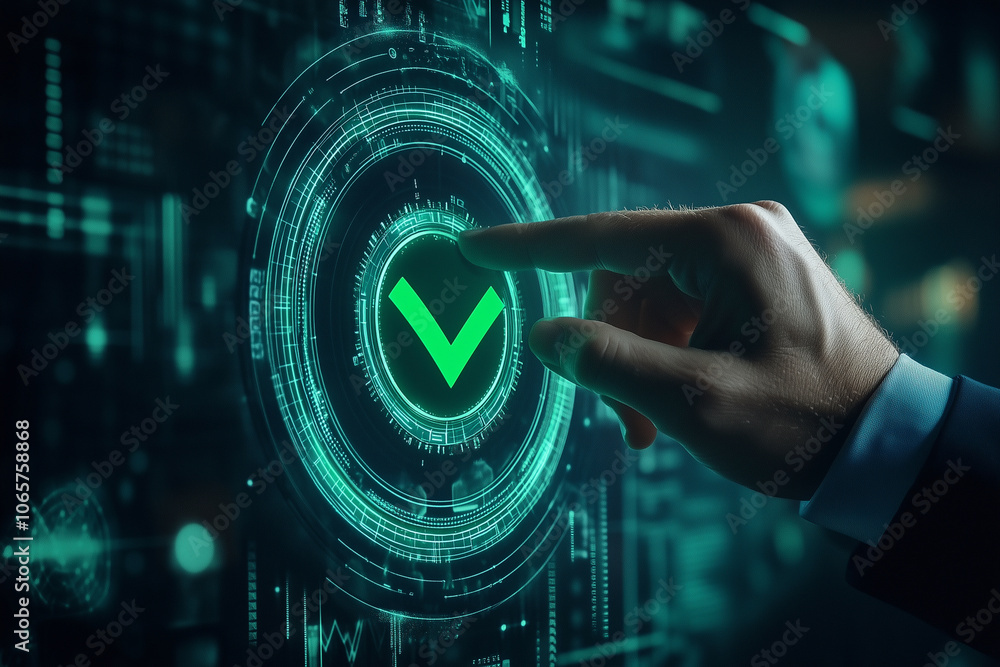 Poster hand is pointing to a green check mark on a screen. the check mark is surrounded by a circle and he 