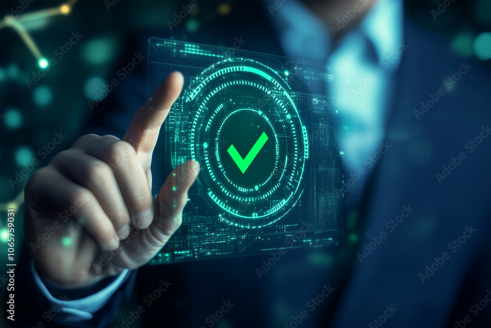 Poster man is pointing to a green check mark on a screen. concept of approval or satisfaction, as the check