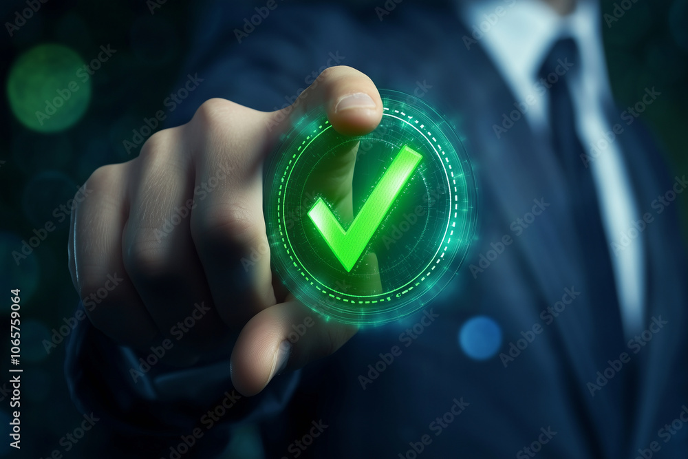 Poster man is pointing to a green check mark on a screen. concept of approval or satisfaction, as the check