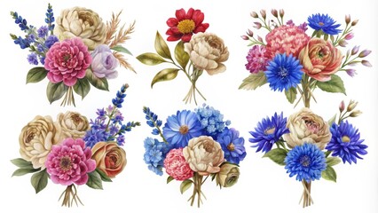 Watercolor Floral Bouquets with Roses, Peonies, and Cornflowers A Collection of Six Delicate Arrangements in Soft Colors