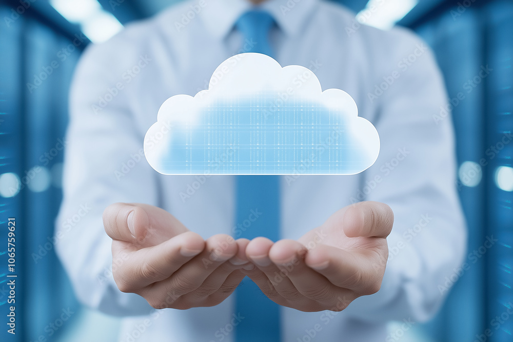 Poster a man in formal attire gestures with both hands, showcasing a digital cloud symbol in a high-tech en