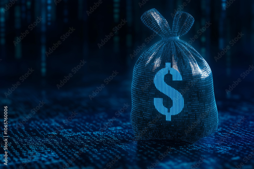 Poster bag with a dollar sign on it is displayed on a computer screen. concept of wealth and abundance, as 