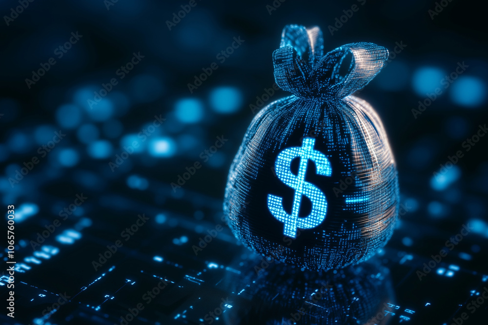 Poster bag with a dollar sign on it is displayed on a computer screen. concept of wealth and abundance, as 