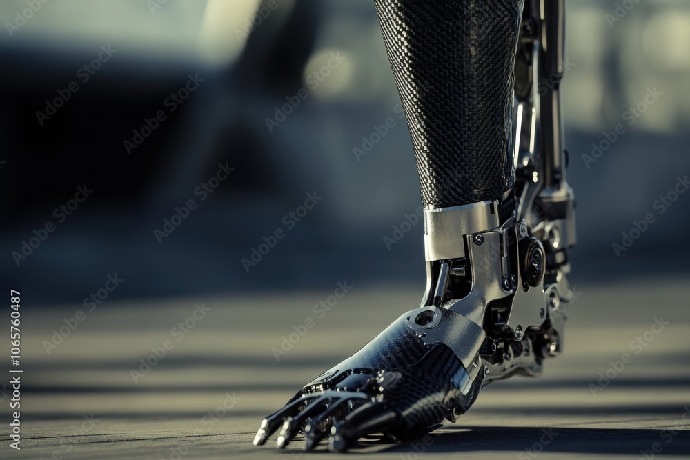 Poster a modern prosthetic leg showcases advanced manufacturing with intricate metal and carbon fiber eleme