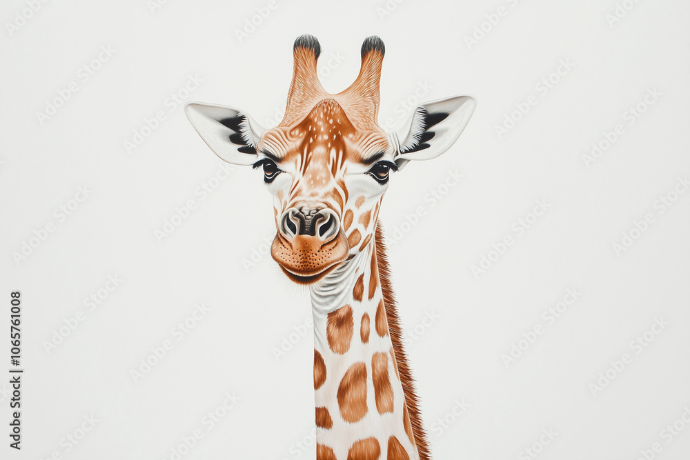 Poster giraffe is staring at the camera with a smile on its face. the image has a warm and friendly mood, a