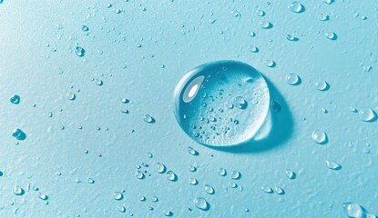 青い背景に水滴が美しくまとまった小さな水玉が静かに光を反射している瞬間を捉えた一幕