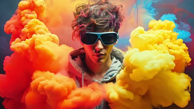 A woman wearing sunglasses stands in front of a colorful background with smoke. Concept of excitement and energy, as the woman is ready for an adventure or a thrilling experience