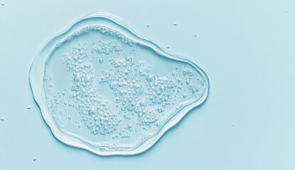透明な液体が青い背景に広がり、小さな気泡が浮かんでいる様子