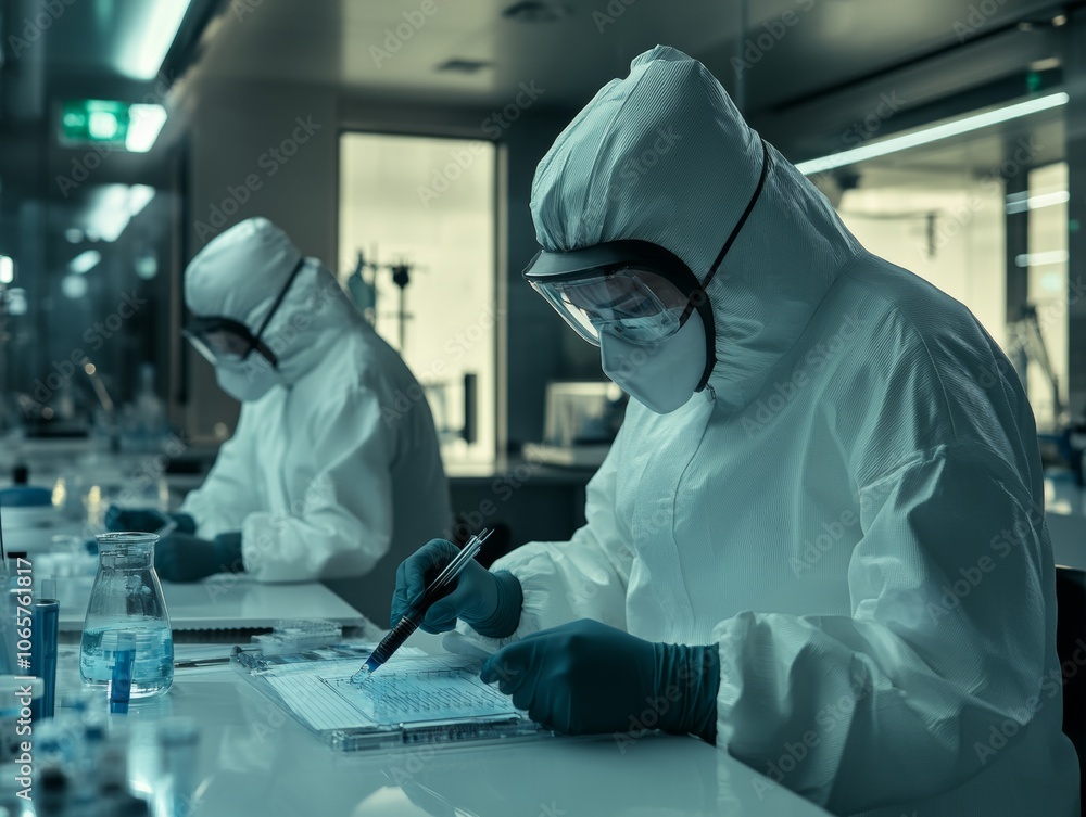 Poster researchers in protective gear analyzing samples in high-tech lab - perfect for science and hallowee