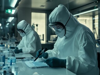 Researchers in Protective Gear Analyzing Samples in High-Tech Lab - Perfect for Science and Halloween Themes