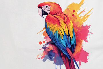 Fototapeta premium colorful parrot is perched on a white background. The bird's bright colors and its position on the page create a sense of vibrancy and energy. The image is likely meant to evoke feelings of joy