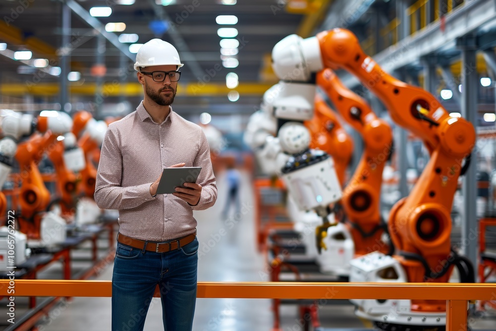 Poster caucasian male engineer in a factory inspecting robotic arms while using a tablet during daylight ho