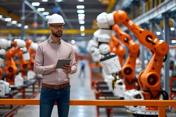 Caucasian male engineer in a factory inspecting robotic arms while using a tablet during daylight hours