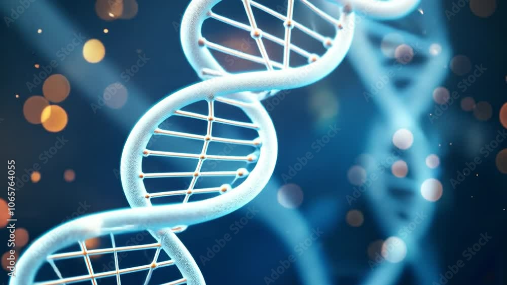 Poster DNA Double Helix:  A mesmerizing 3D rendering of a DNA double helix, glowing vibrantly against a dark background speckled with bokeh lights.