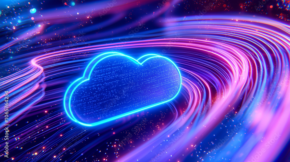 Poster Neon Cloud Icon with Dynamic Data Flow in Digital Concept