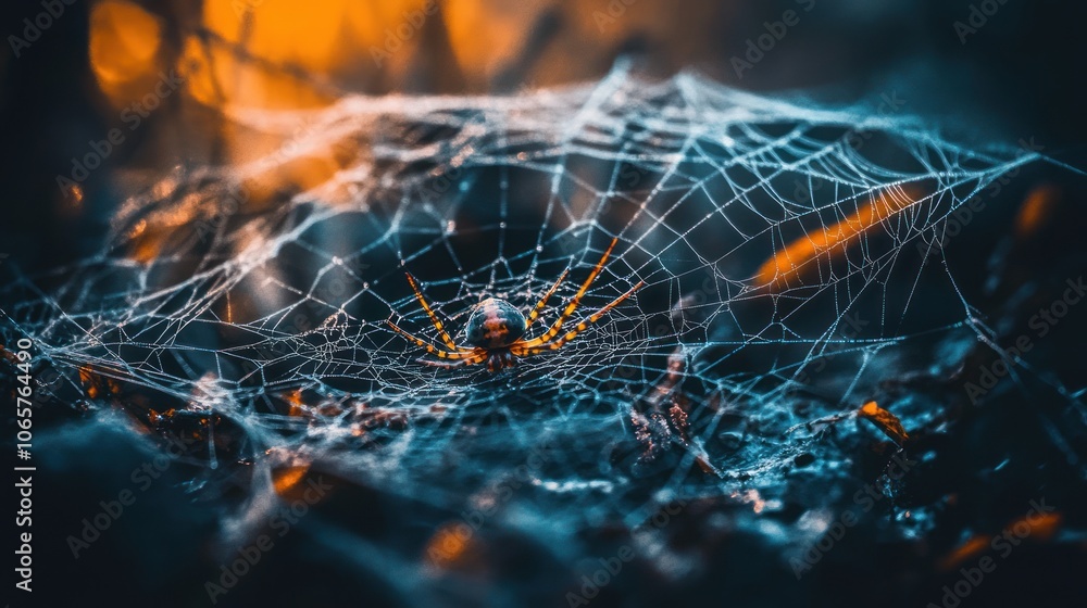 Poster a close-up of a spider web glistening in the light, showcasing intricate patterns.