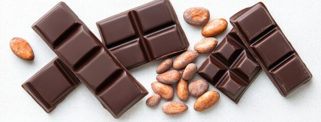 Obraz premium Elegant arrangement of chocolate bars and cacao beans on a textured brown stone table for a gourmet culinary experience