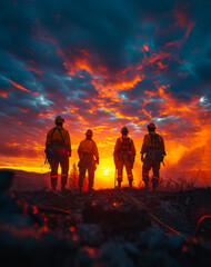 Fototapeta premium Firefighters unite at sunset post-battle. Four firefighters gather against a stunning sunset backdrop after a demanding day of battling wildfires.