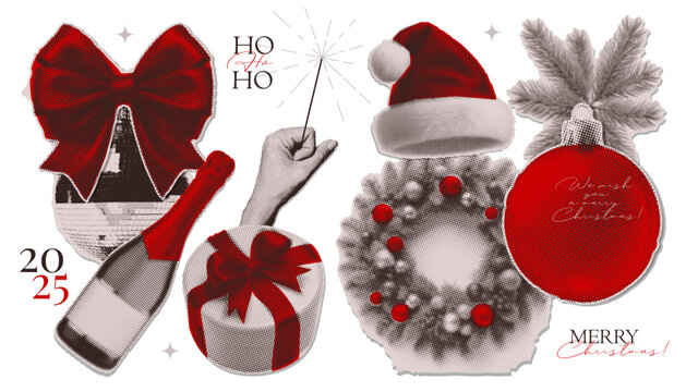 2025 New year and Christmas halftone collage paper elements set. Cut out of magazine hand with sparkler, goft box, red bows paper stickers. Vector illustration