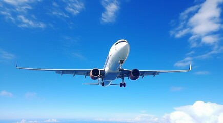 Obraz premium airplane in the blue sky, airplane in the sky, flying airplane in the air, close-up of a airplane