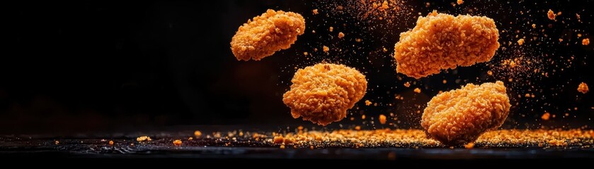 Close up of crispy fried chicken nuggets in mid-air.