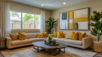 Fototapeta premium A Modern Living Room with a White Sectional Sofa, Wooden Coffee Table, and a Geometric Abstract Painting