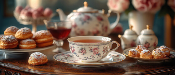 Fototapeta premium Elegant Afternoon Tea with Vintage Tea Set