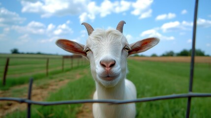Fototapeta premium A charming white goat gazes curiously at the camera on a sunny day amidst green grass on the farm