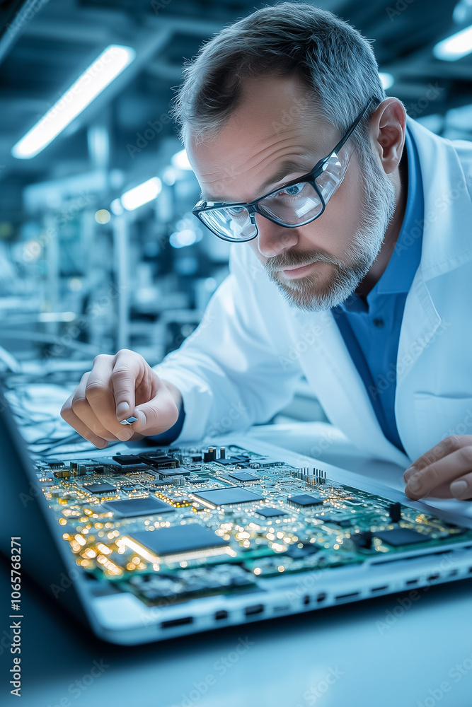 Poster the technician focuses intently on a circuit board while troubleshooting a laptop in a dimly lit lab
