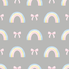 rainbows and bows. Seamless watercolor pattern on a gray background in pastel colors for textiles and wrapping paper. Cute pattern for newborns