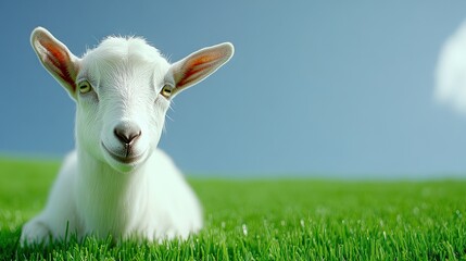 Obraz premium A charming white goat gazes curiously into the camera while lounging on lush green grass under a sunny sky
