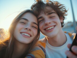 Fototapeta premium Joyful Couple Posing for a Selfie at Sunset