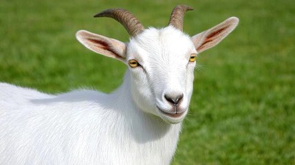 Fototapeta premium A curious white goat gazes into the camera on a sunny farm day surrounded by lush green grass