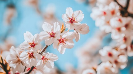 Fototapeta premium 春の青空の下で咲く桜の花、満開の時期に東京の公園で撮影