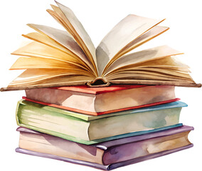 Back to school opened book on stack of Books watercolor style isolated on white background.