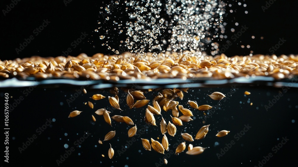 Poster barley groats float separately water creating intriguing visual effect as bubbles rise them. dark ba