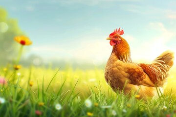 Fototapeta premium Roosters and chickens on a chicken farm, agriculture and poultry farming
