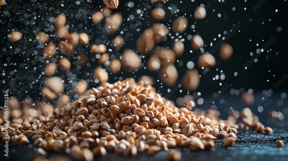 Poster mesmerizing display buckwheat grains levitating dark backdrop showcasing their unique textures and s