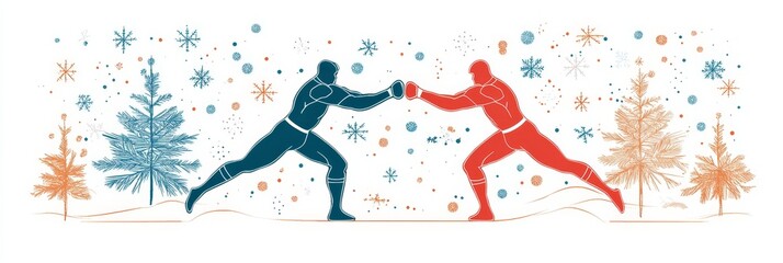 Obraz premium A minimalist line art design depicting two wrestlers in a snowy landscape. This artwork symbolizes strength, competition, winter, and holiday spirit.
