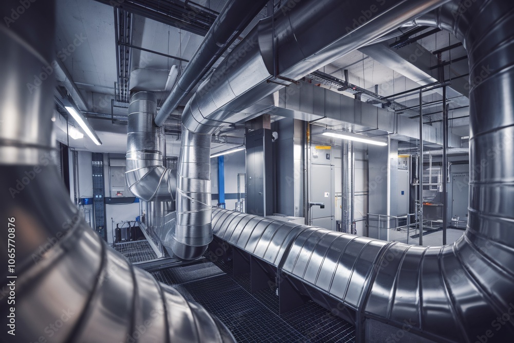 Poster industrial ventilation system: a complex network of pipes and ducts, meticulously designed to regula