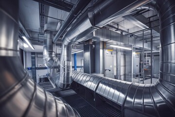 Obraz premium Industrial Ventilation System: A complex network of pipes and ducts, meticulously designed to regulate airflow and maintain optimal temperature and humidity levels in a large industrial setting.