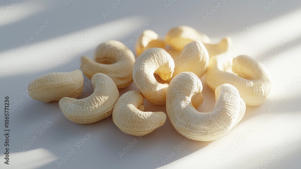 Poster cluster cashew nuts displayed bright background highlighting their distinct curves and textures dram