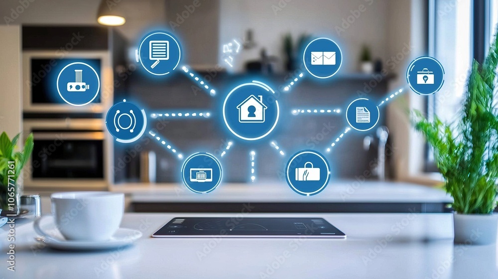 Poster a smart home interface displaying various connected devices and features, set against a contemporary
