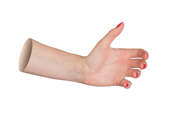 Hand gesture, palm, fingers reaching out to grab or hold something, showing perspective, grip. Closeup view of red polished nails, manicured. Isolated on white background..
